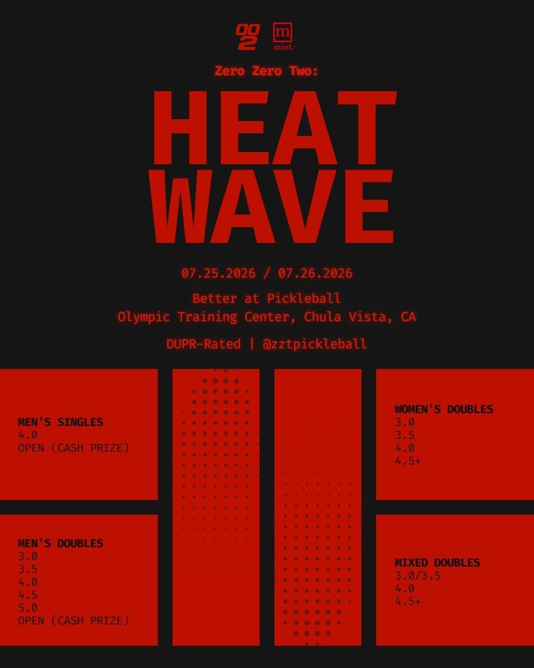 002 Heat Wave official tournament poster — July 25–26, 2026 at the Olympic Training Center, with DUPR-rated divisions